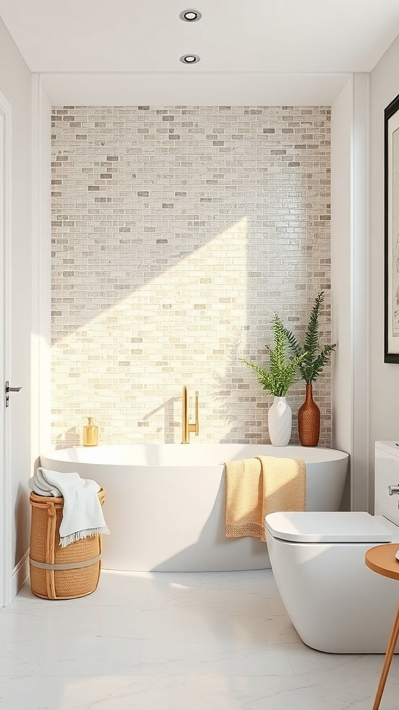 A bathroom featuring a glass tile mosaic accent wall in neutral tones, with a modern bathtub and decorative plants.
