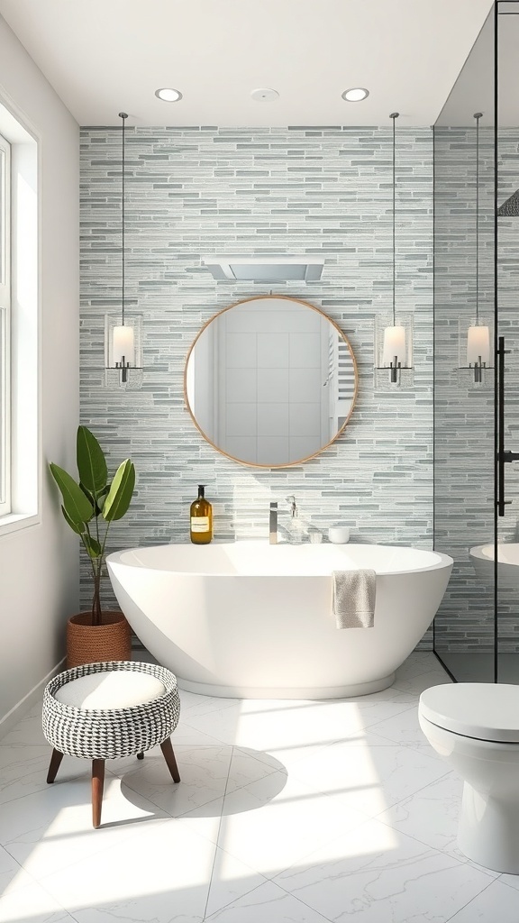 A modern bathroom featuring a glass tile accent wall, round mirror, and stylish fixtures.