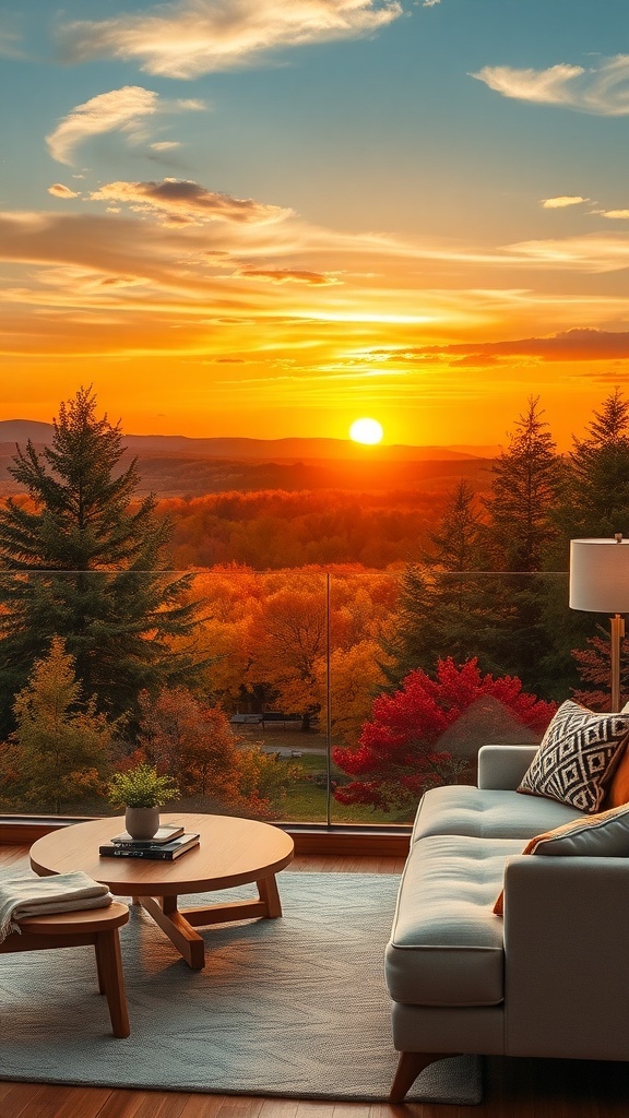 A cozy interior with a view of a vibrant autumn sunset over colorful trees.