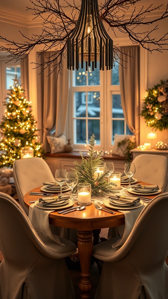 A cozy winter tablescape with fairy lights, candles, and a festive centerpiece.