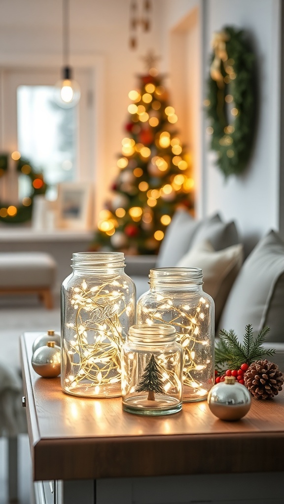 Fairy lights in glass jars on a wooden table with a Christmas tree in the background