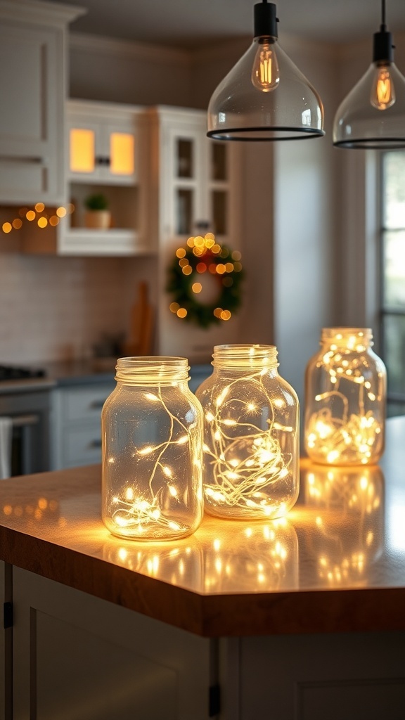 Glass jars filled with fairy lights on a kitchen island, creating a warm and festive atmosphere.