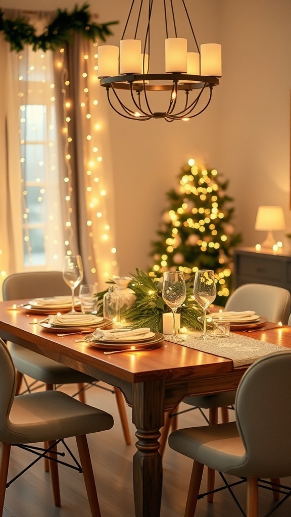 A beautifully decorated dining table with fairy lights, elegant glassware, and a Christmas tree in the background.