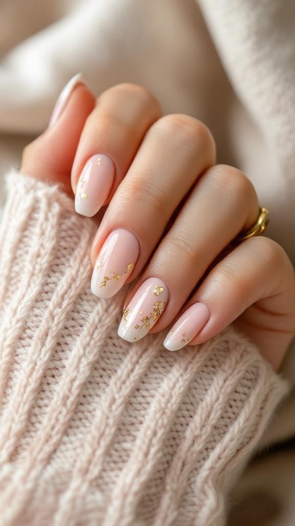 A hand with glistening gold foil nails, featuring a soft pink base and French tips, resting on a knitted sweater.