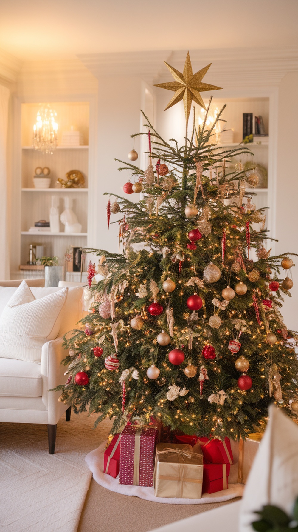 A beautifully decorated Christmas tree topped with a glistening gold star, surrounded by red and gold ornaments and presents.
