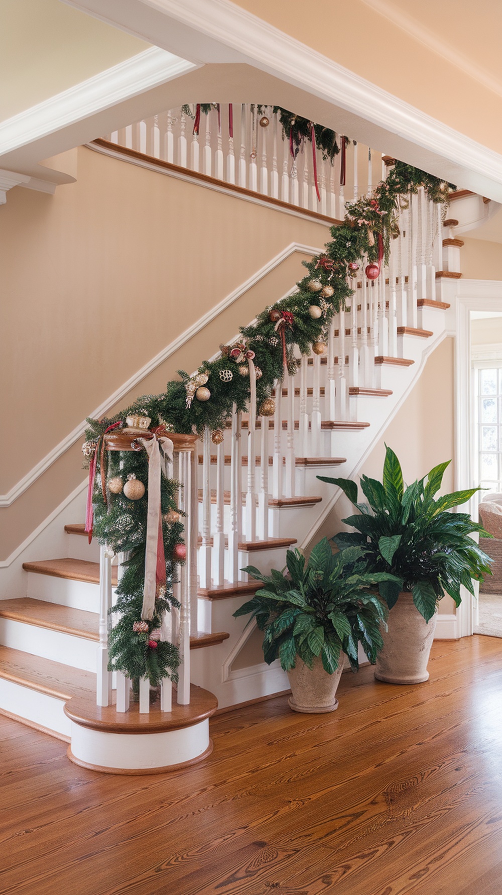 A beautifully decorated staircase with a green garland featuring ornaments and ribbons.