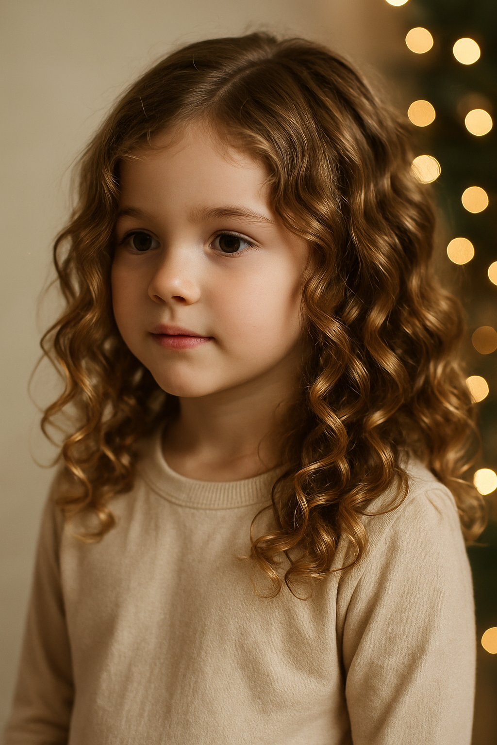 A young girl with curly hair, showcasing a holiday hairstyle with glistening waves.