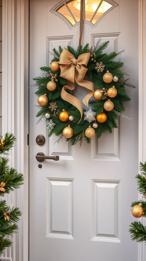A holiday wreath with golden ornaments and a bow on a door