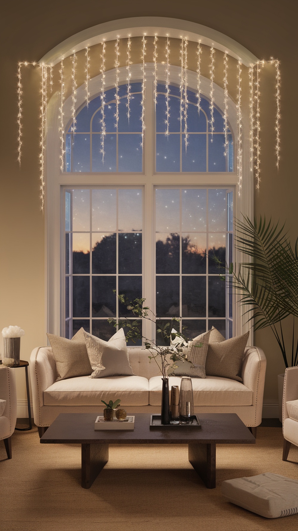 A cozy living room with glistening icicle lights hanging from a window, creating a warm and festive atmosphere.