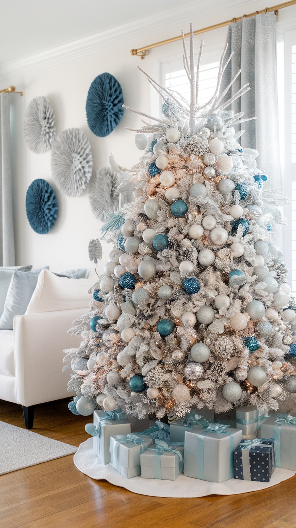A beautifully decorated white Christmas tree with silver and blue ornaments, surrounded by wrapped gifts.