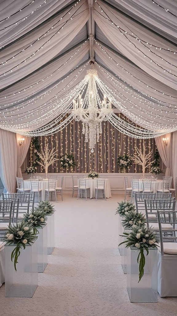 Elegant winter wedding decor with a chandelier and fairy lights