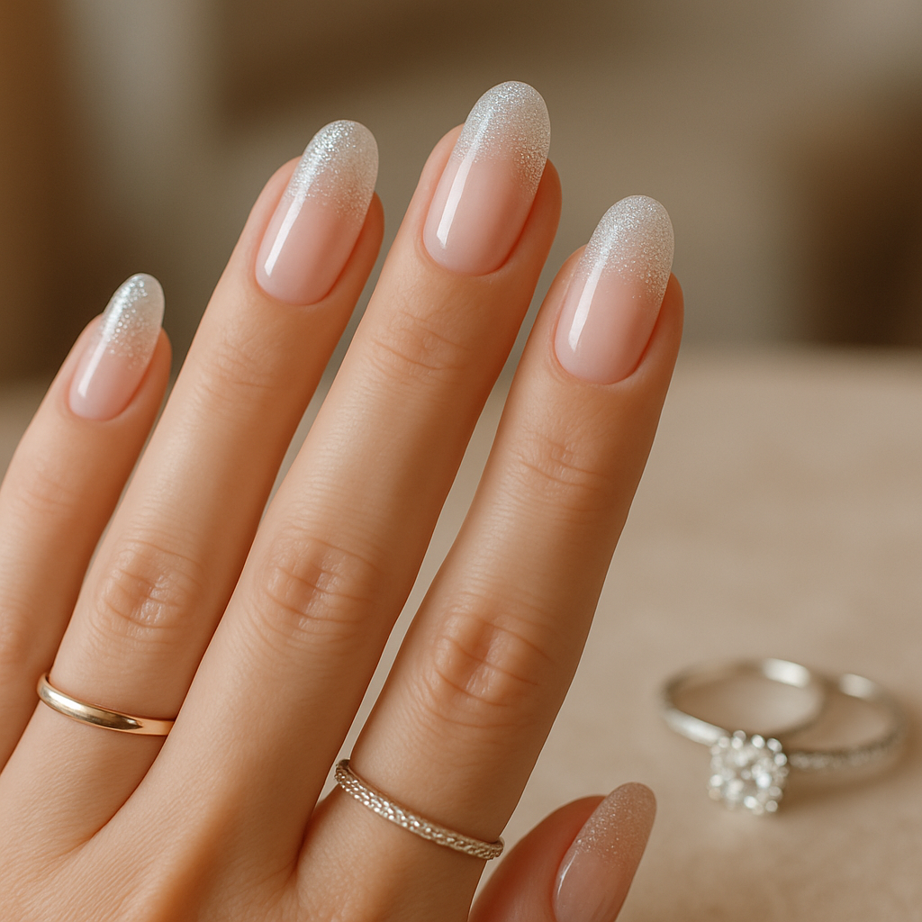 Close-up of hands with glitter ombre accent nails and wedding rings