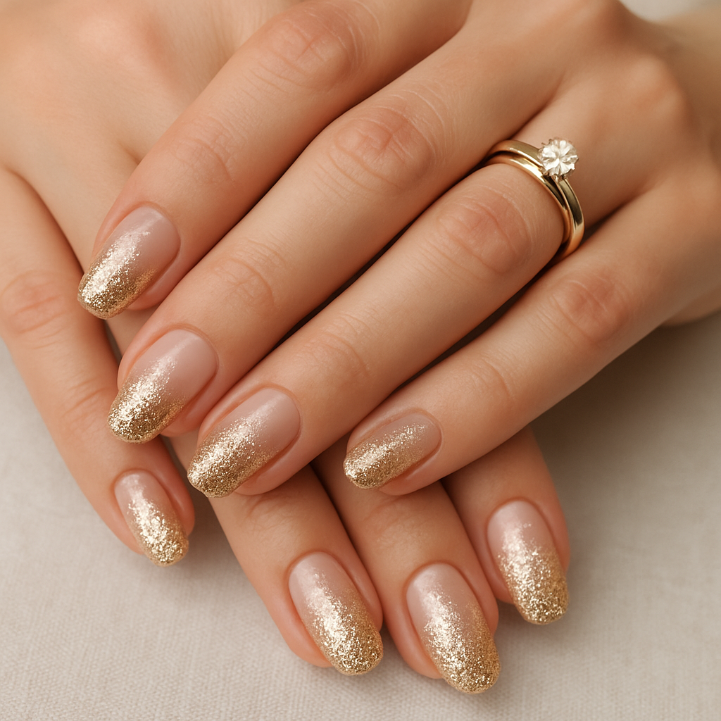 Close-up of hands with glitter ombre nails in gold and nude, showcasing a wedding ring.