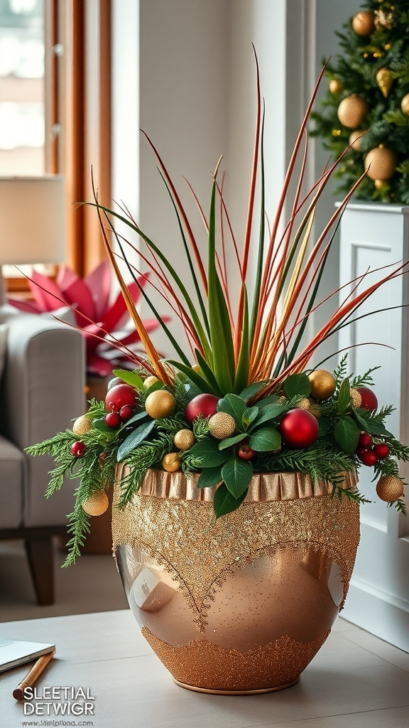 A festive front door planter with gold accents, red ornaments, and green foliage.