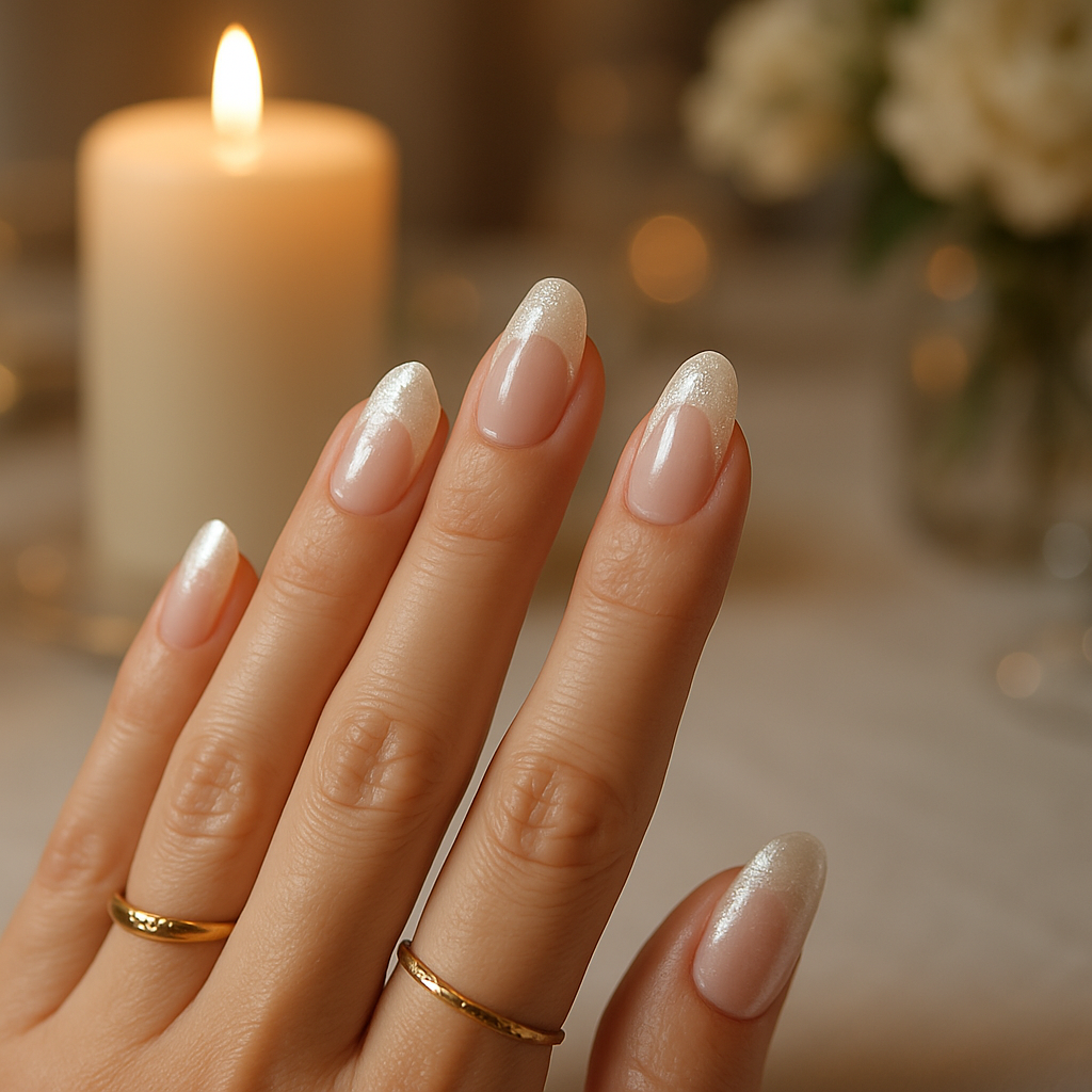 A close-up of elegantly manicured nails with pearlescent tips and subtle glitter, set against a softly lit background.