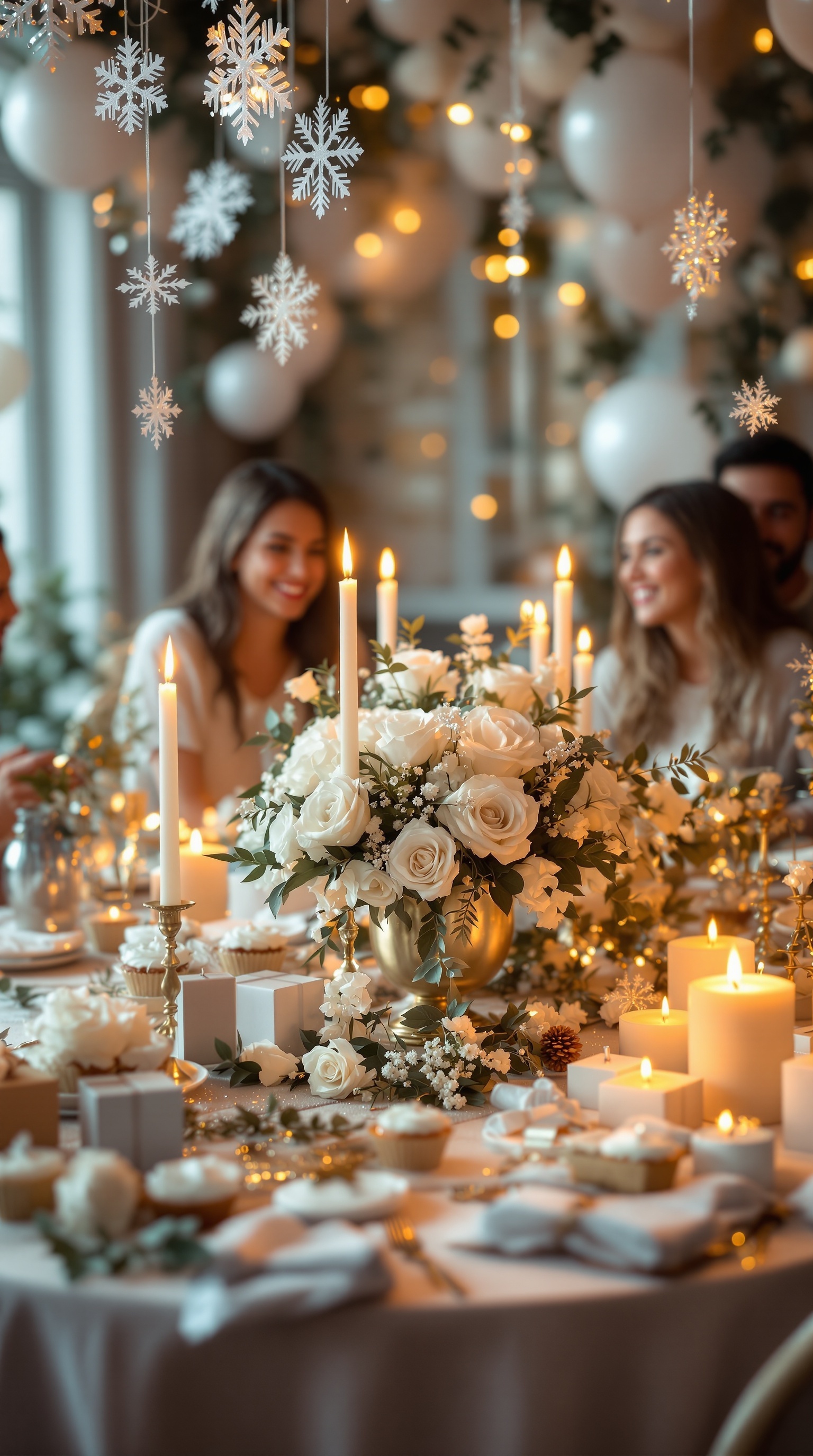 A beautifully decorated winter baby shower table with snowflake accents, white roses, and candles.