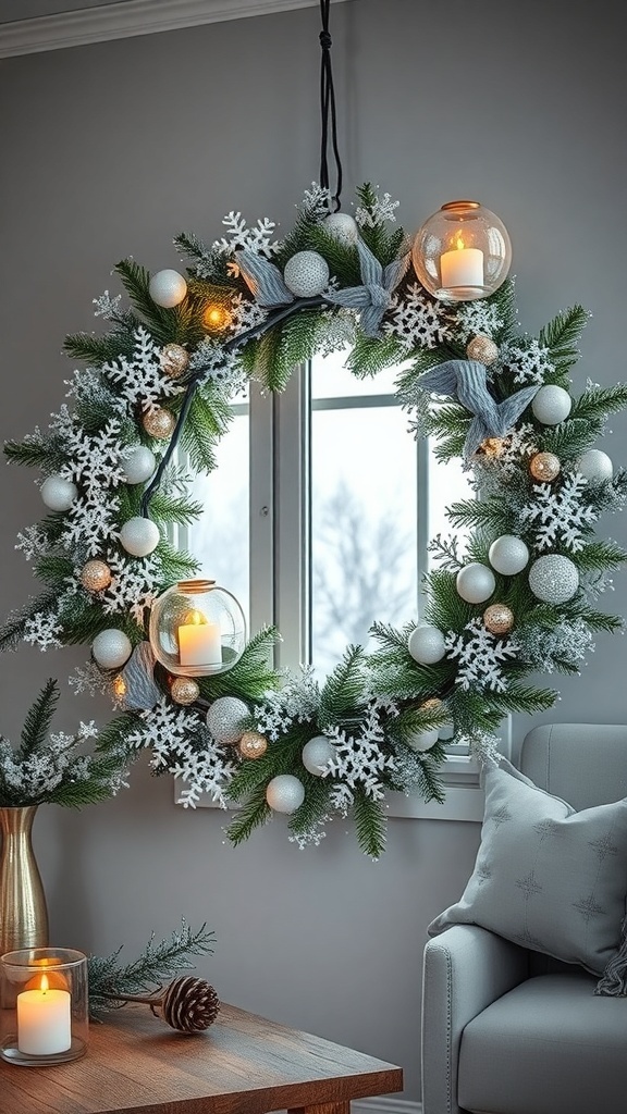 A winter wreath with snowflakes, ornaments, and candles, creating a cozy atmosphere.