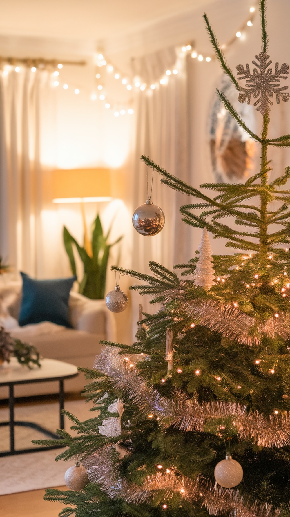 A Christmas tree with a glittering snowflake topper, decorated with silver ornaments and tinsel, in a cozy living room setting.
