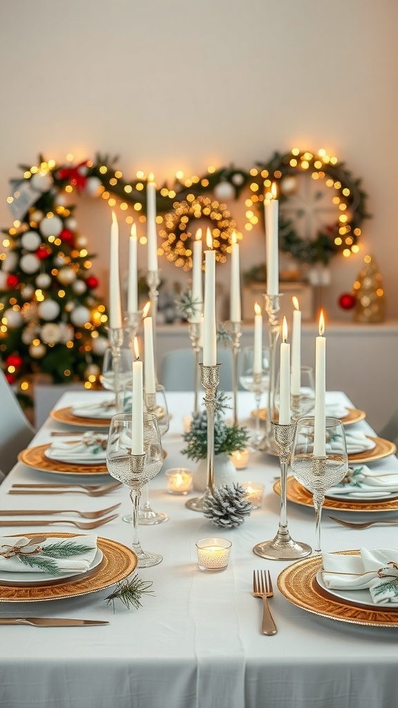 A beautifully decorated winter table setting with candles, gold accents, and greenery.