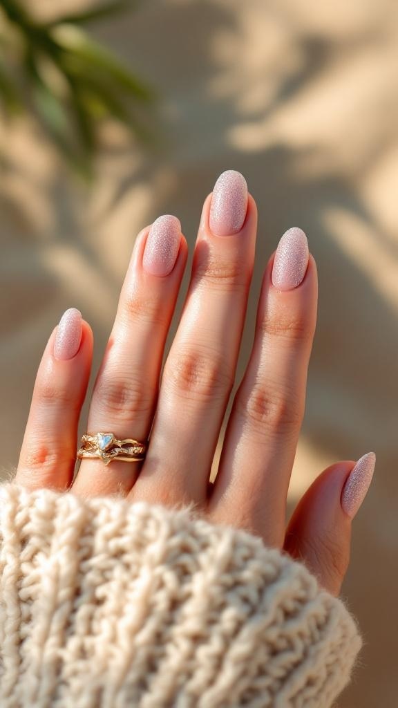 A hand with glittery pink nails, wearing rings, resting on a cozy knit sweater.