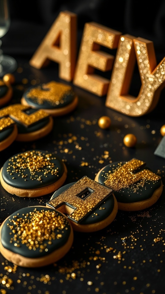 Glittery gold decorated cookies with black icing and festive letters
