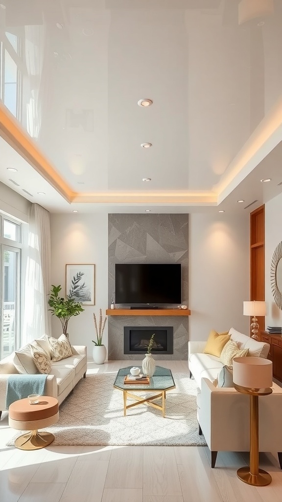 A modern living room with a glossy ceiling and bright decor