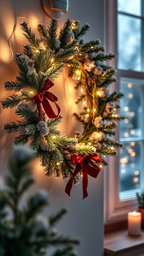 A winter wreath decorated with fairy lights and red ribbons, hanging by a window.
