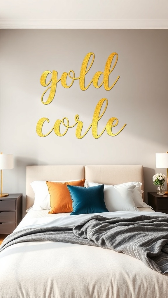 A stylish bedroom featuring gold wall decals with the word 'gold' and colorful cushions on the bed.