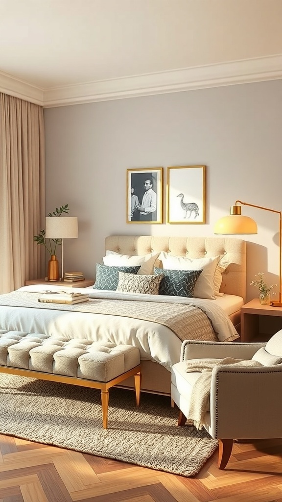A beautifully arranged bedroom featuring gold-accented furniture, a plush bed, and cozy decor.