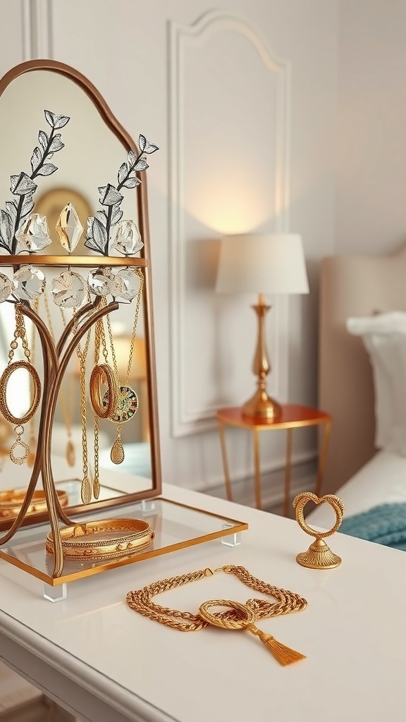 Elegant gold jewelry display in a stylish bedroom setting