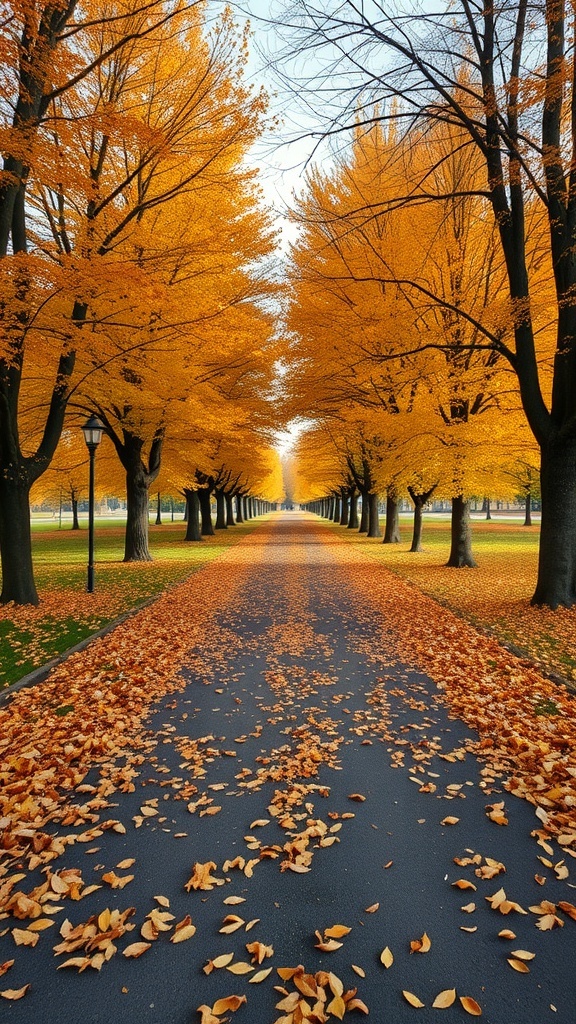 A park path lined with golden autumn leaves and trees