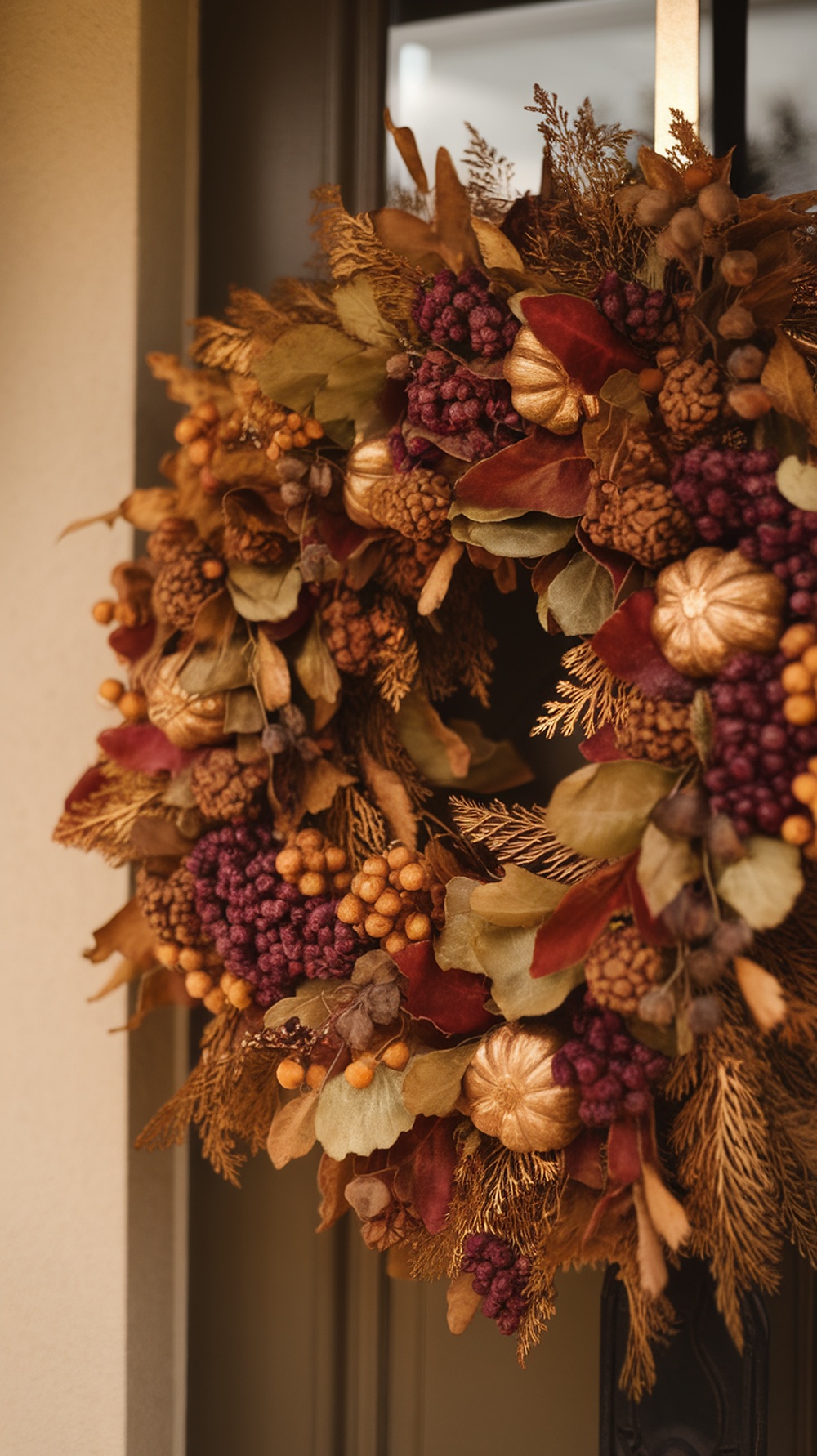 A beautiful fall wreath featuring golden pumpkins, purple berries, and colorful leaves, hanging on a door.