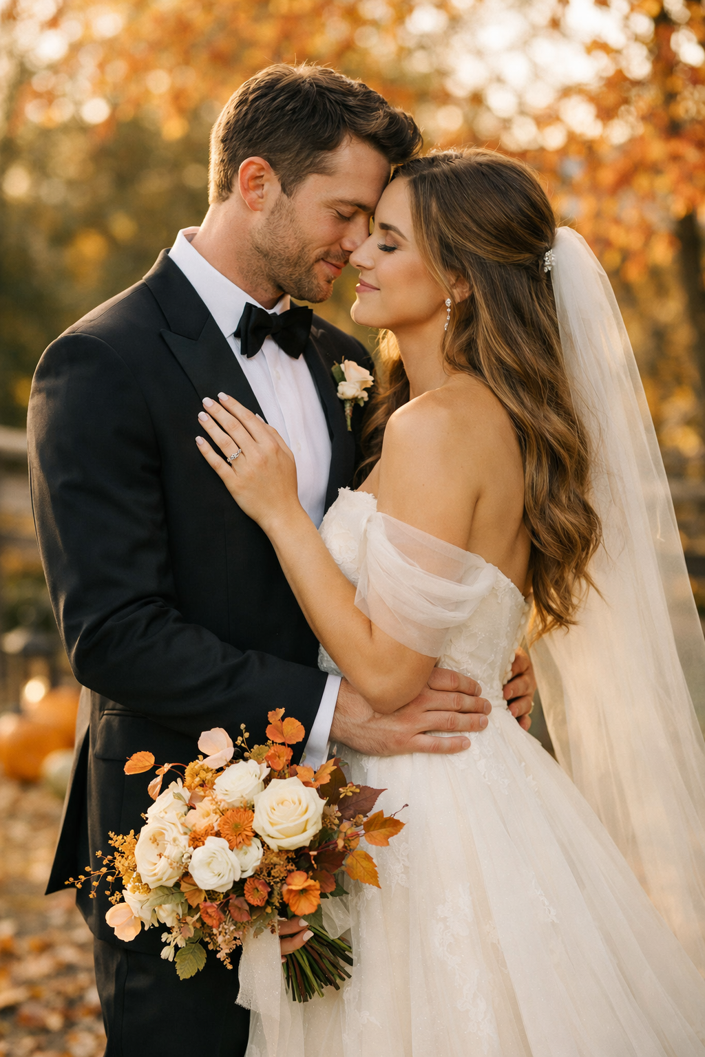 A couple embracing during golden hour in a fall setting, surrounded by autumn foliage and holding a bouquet.