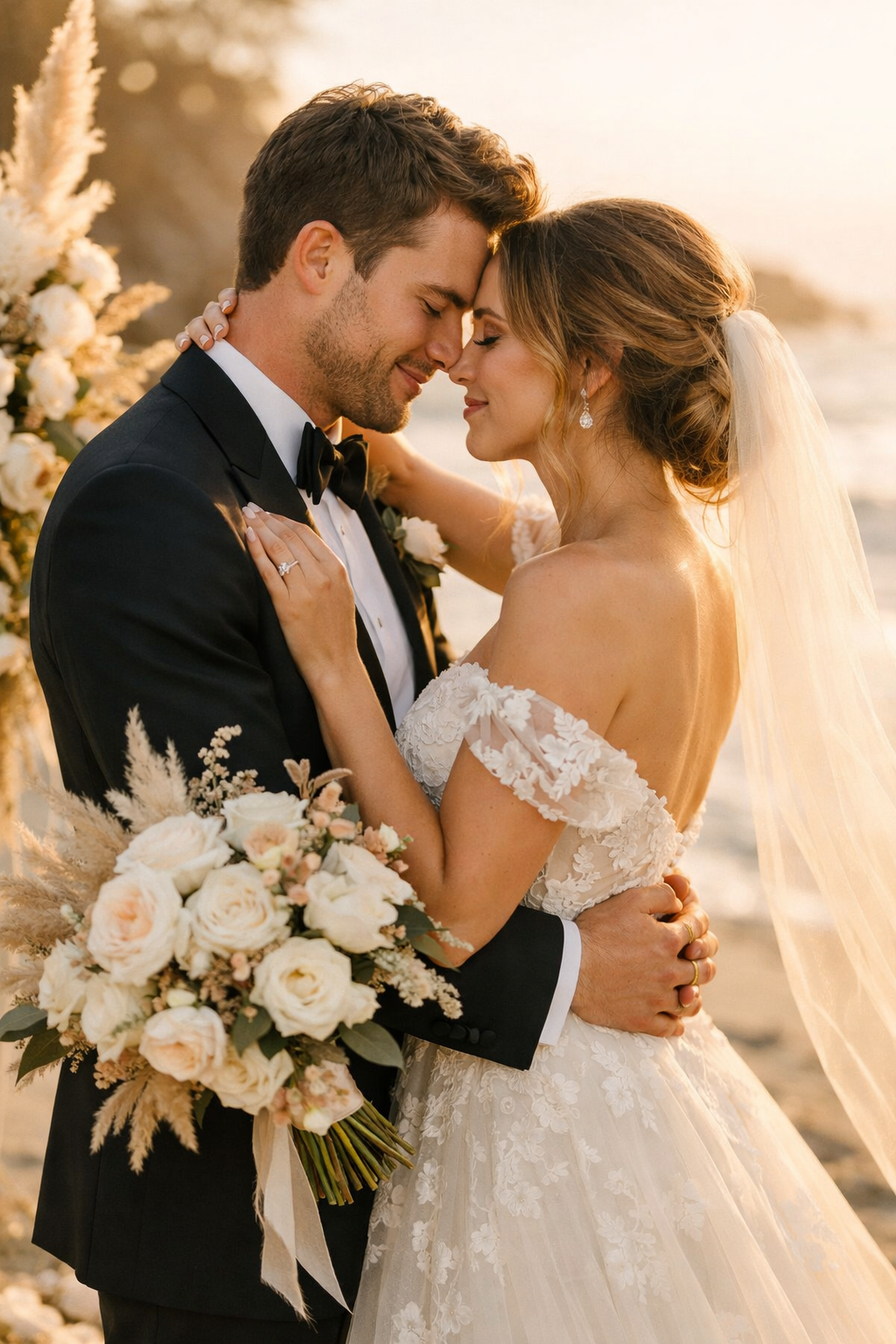 Couple embracing during golden hour at the beach, surrounded by flowers.