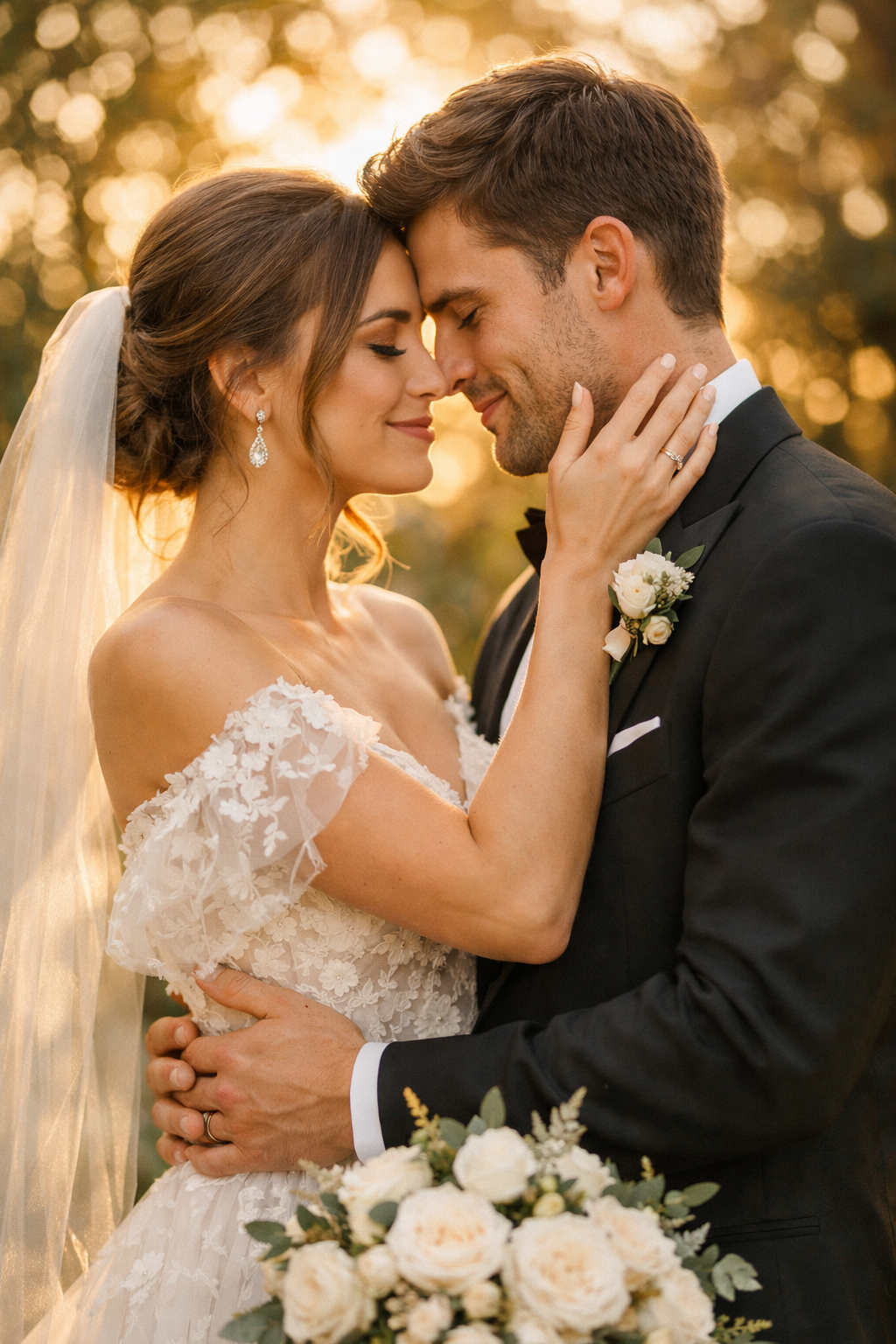 A couple embracing during golden hour, surrounded by warm sunlight and blurred natural background.