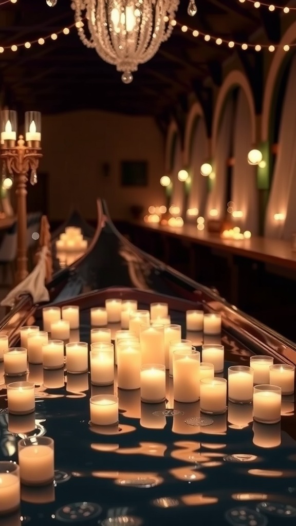 A beautifully decorated gondola with floating candles and elegant lighting for a bridal shower theme.