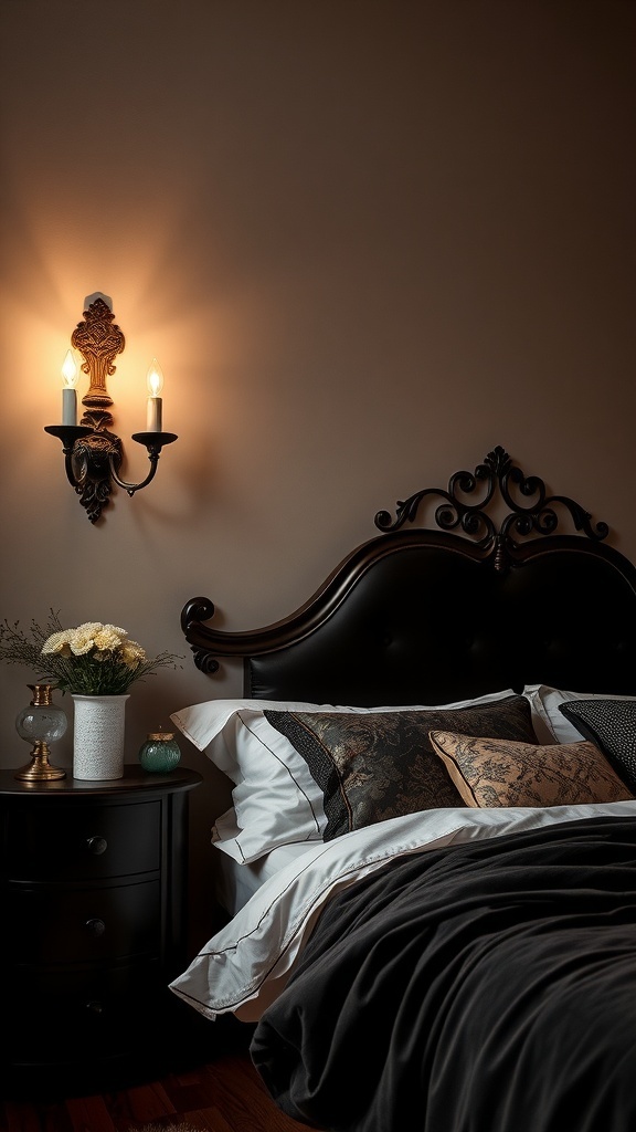 A gothic-inspired bedroom featuring ornate wall sconces and dark bedding.