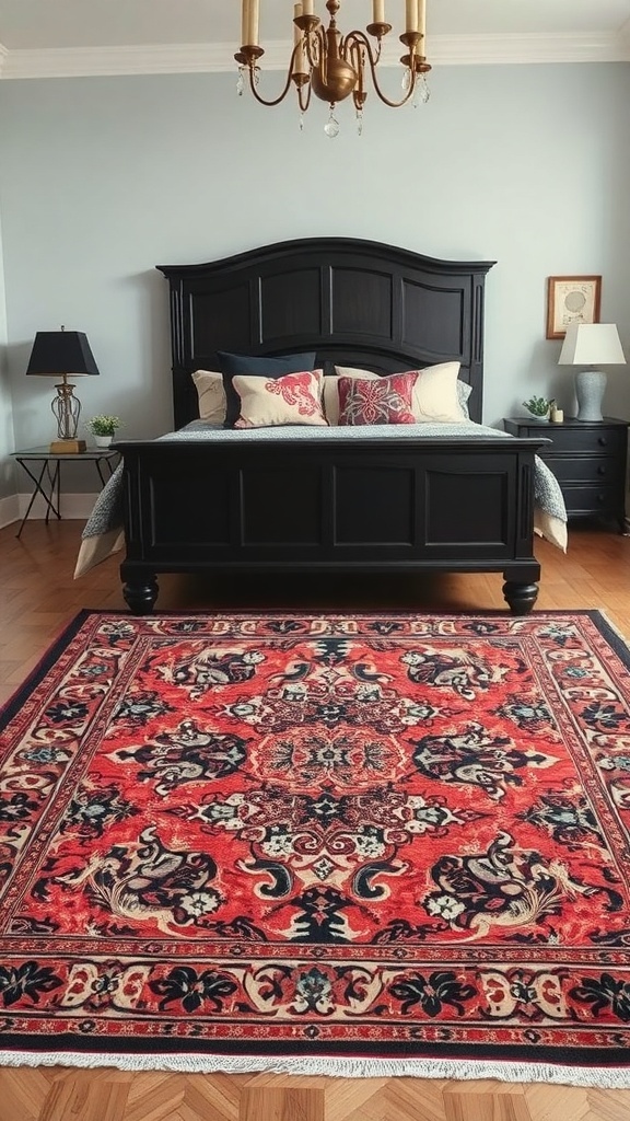 A gothic-themed area rug with intricate patterns in deep reds and dark blues, placed in a romantic goth bedroom.