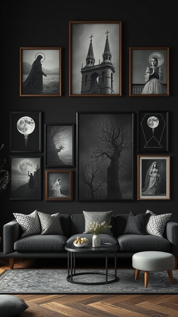 A gothic artwork display featuring various framed black and white images on a dark wall, with a cozy sofa in front.