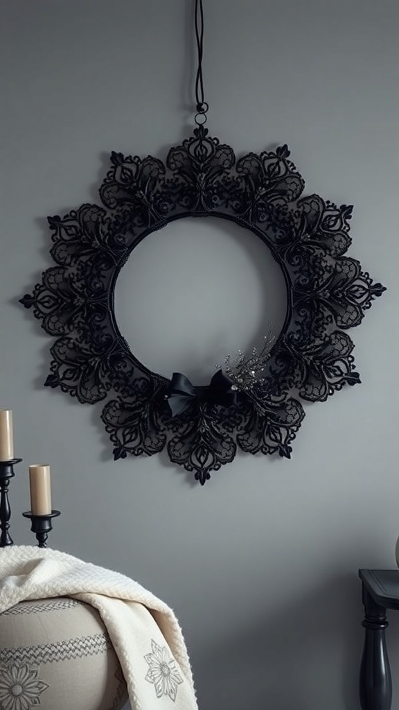 A gothic black lace wreath hanging on a wall, featuring intricate lace patterns and a black bow.