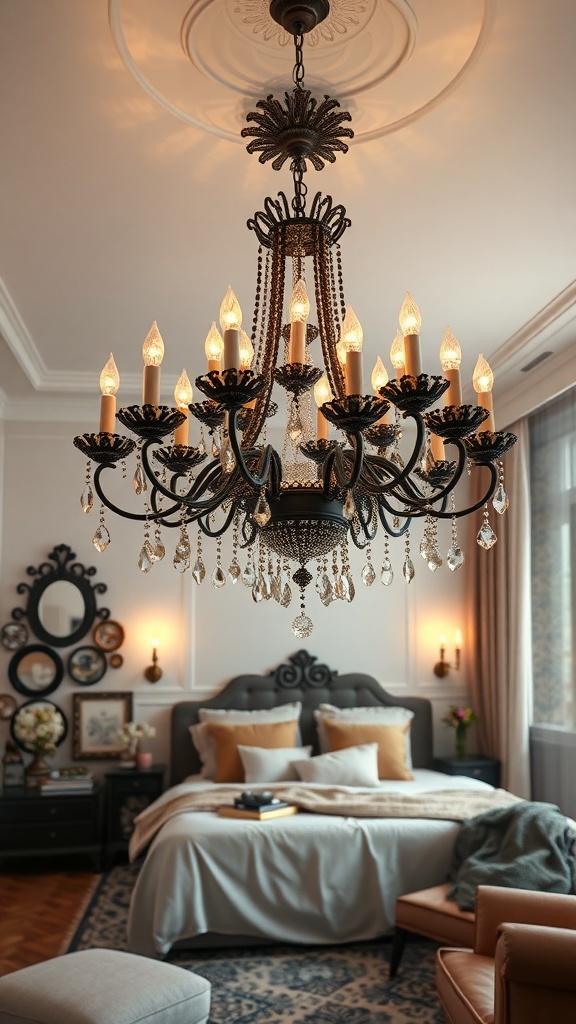 A gothic chandelier with candle-like lights and crystals hanging, illuminating a romantic bedroom.