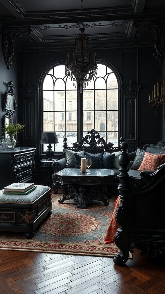 A gothic-inspired bedroom featuring dark furniture, a chandelier, and decorative pillows.