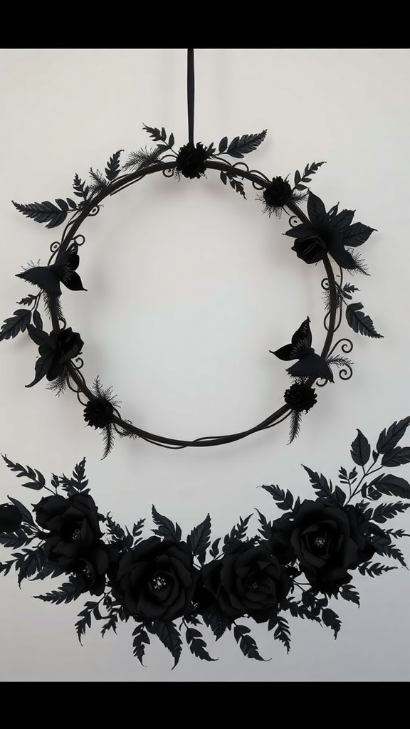 A gothic wreath made of black lace and feathers, featuring black roses and leaves.