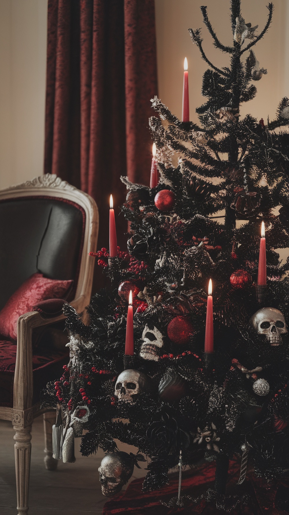 A gothic-styled black Christmas tree decorated with skulls, red candles, and dark ornaments, next to a plush red chair.