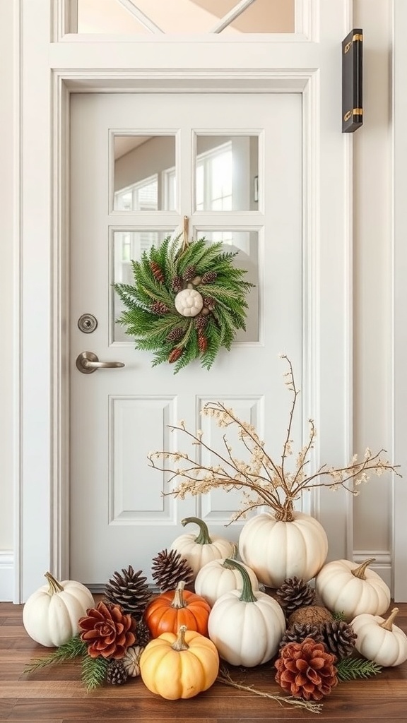 A front door decorated with a gourd and pinecone arrangement, featuring white and orange pumpkins, pinecones, and a green wreath.
