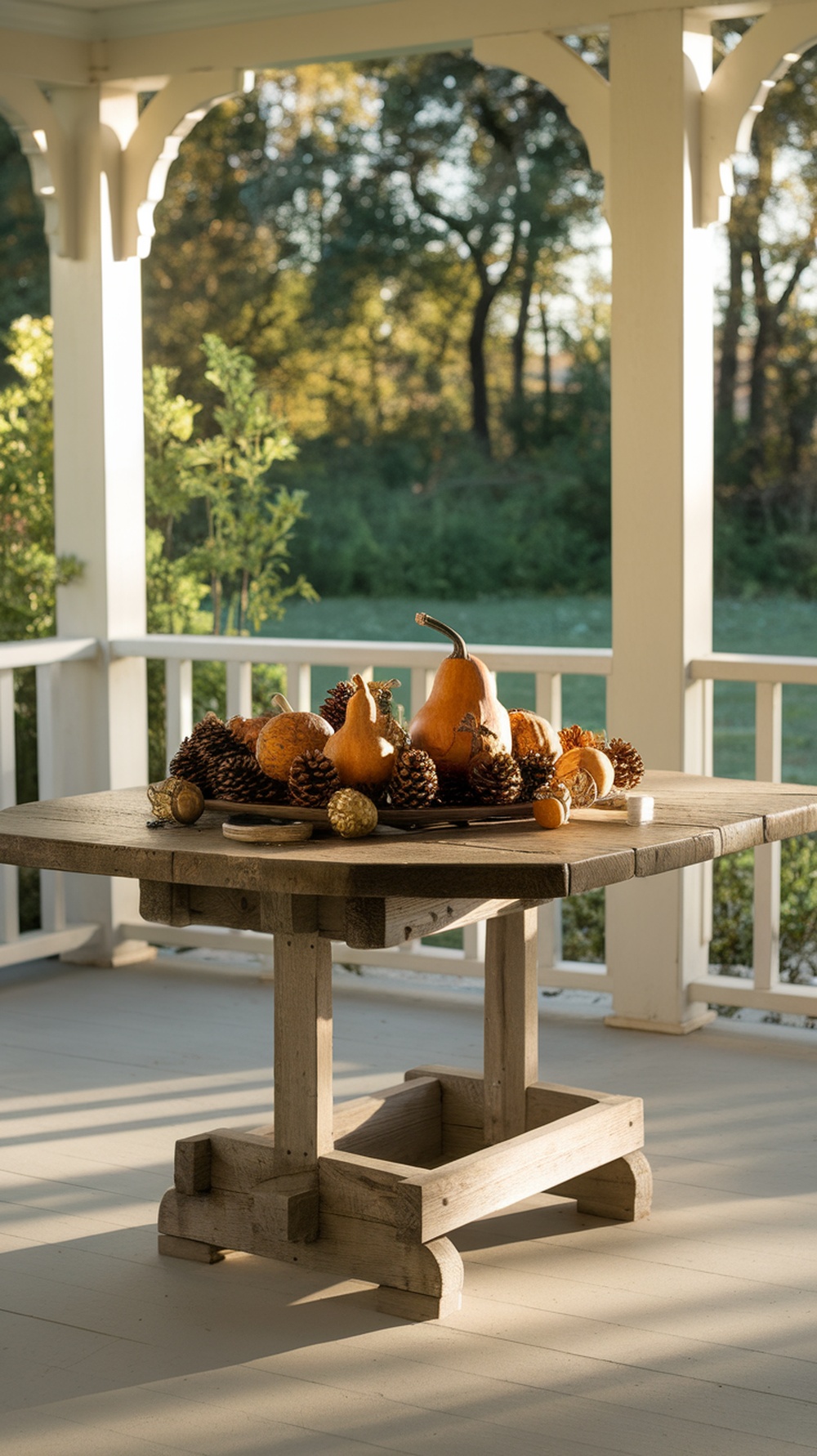 A wooden table with an arrangement of gourds and pinecones on a porch
