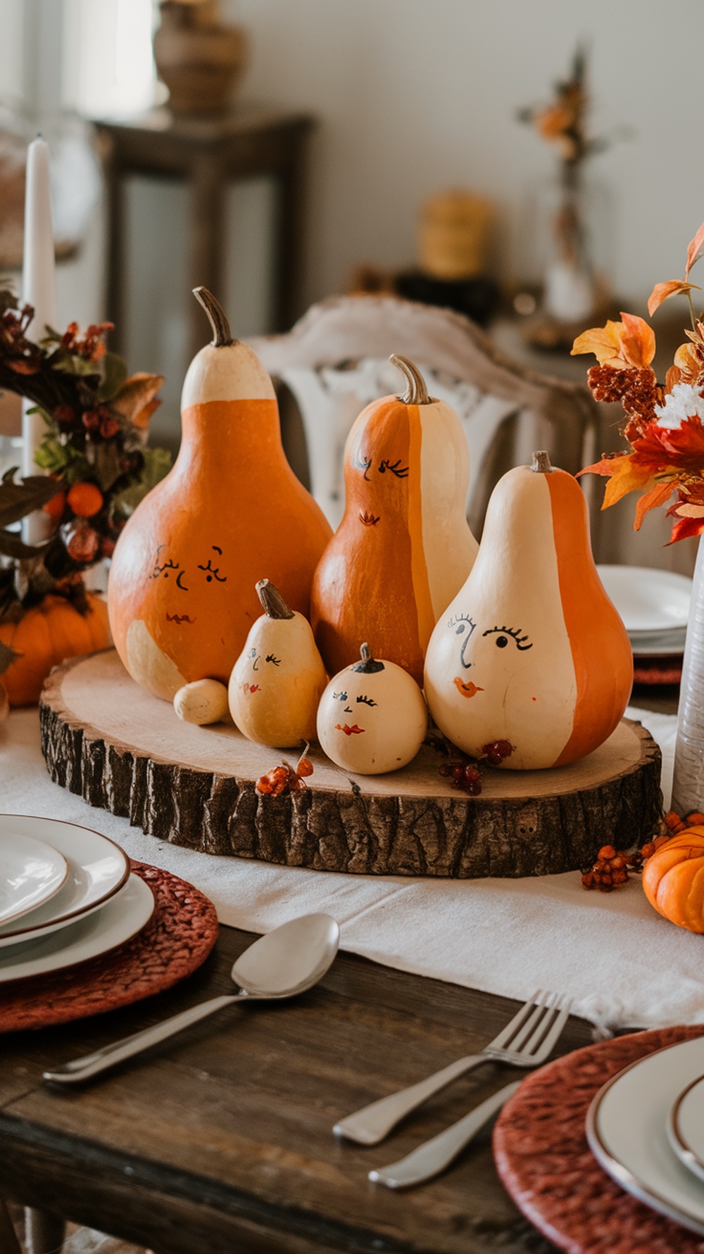 A colorful gourd family centerpiece with painted faces on a wooden slice, surrounded by festive decorations.