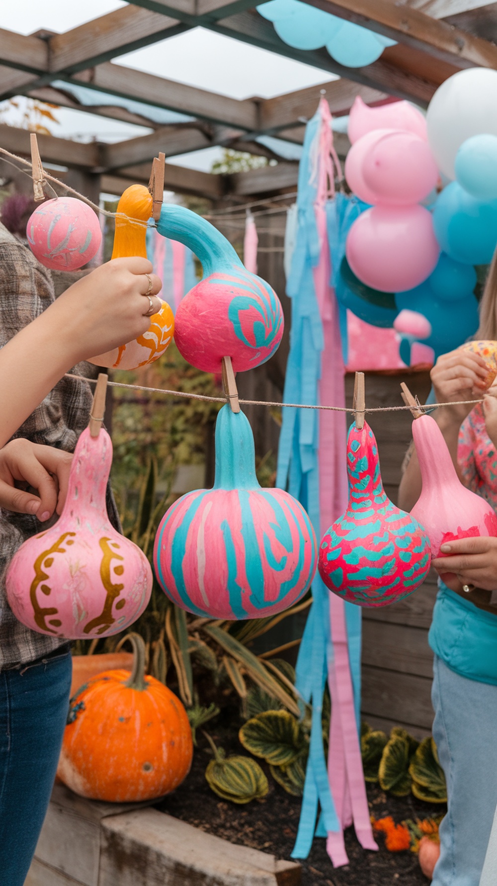 Colorfully painted gourds hanging on a line with balloons and decorations in the background.