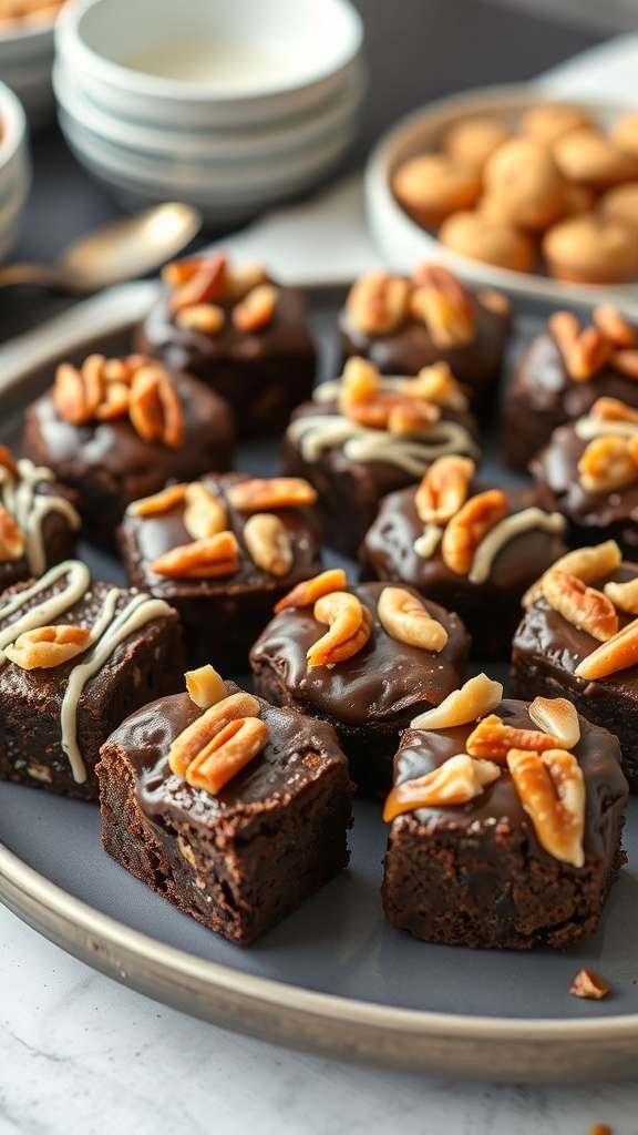 A plate of gourmet brownie bites with nuts on top