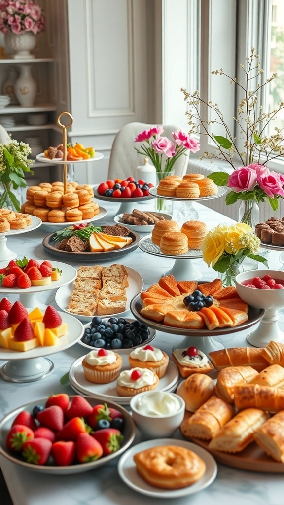 A beautifully arranged gourmet brunch buffet with assorted fruits, pastries, and flowers on a table.